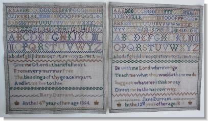 Pair of samplers by MARY & JANE DURRANT 1864 WISETT SUFFOLK 