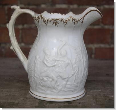 VERY RARE MOULDED JUG COMMEMORATING THE POACHER WILLIAM COLLIER'S MURDER OF GAMEKEEPER THOMAS SMITH in 1866