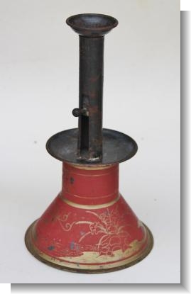 TIN CANDLESTICK with ORINGINAL DECORATION.