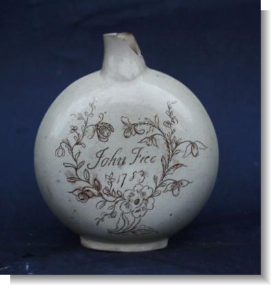 DEVON SLIPWARE FLASK for JOHN FICE 1783